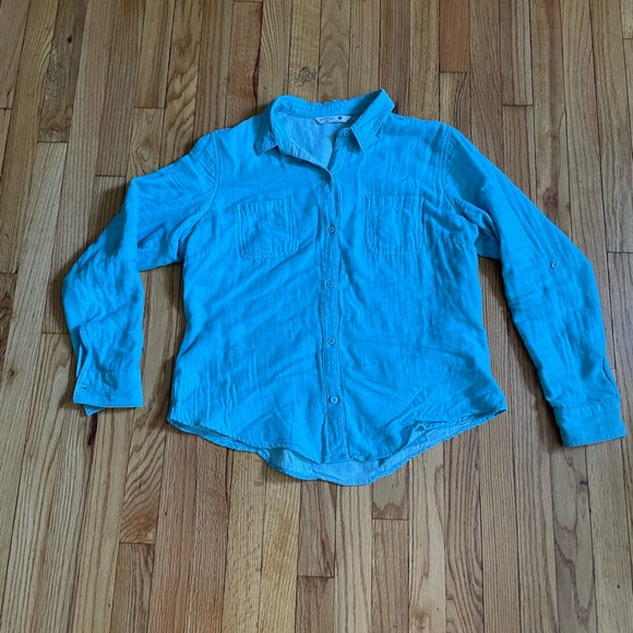 ✅button front pocket roll up sleeve shirt outdoor hiking work aqua ocean western - Picture 1 of 5